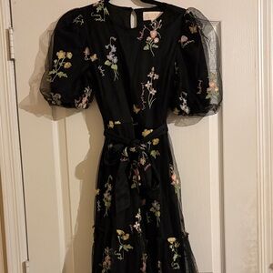 Black Floral Embroidered Maxi Dress with Puff Sleeves